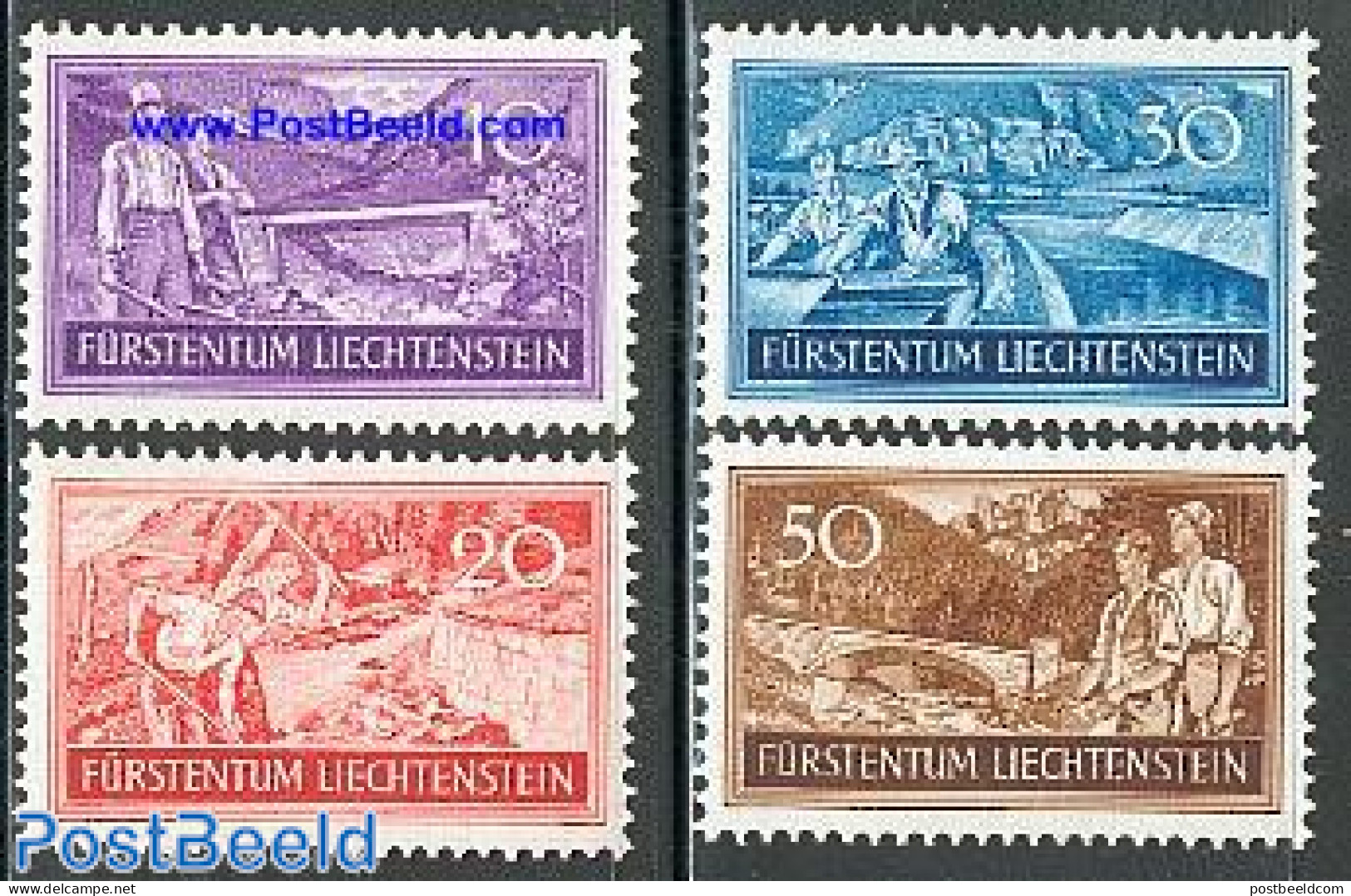 Liechtenstein 1937 Labour 4v, Mint NH, Nature - Water, Dams & Falls - Art - Bridges And Tunnels - Unused Stamps