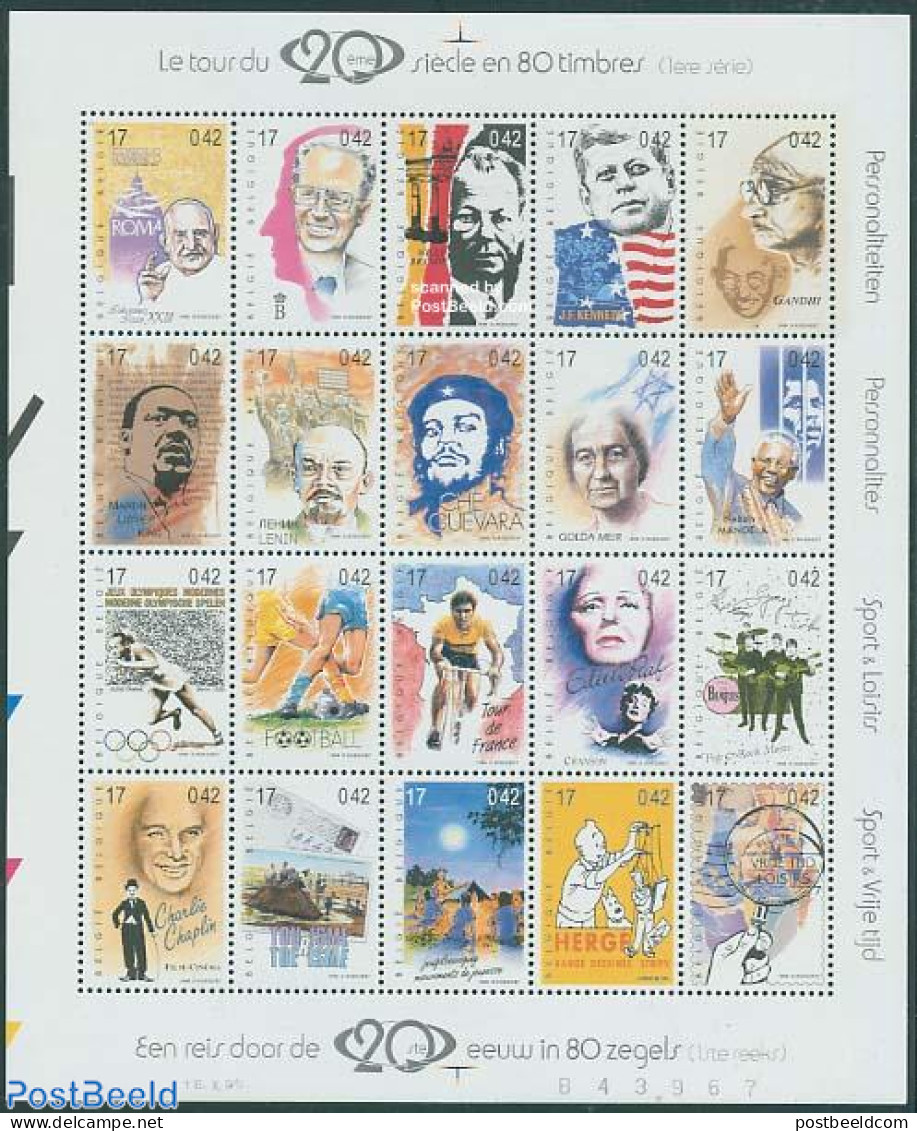 Belgium 1999 Millennium 20v M/s, Mint NH, History - Nature - Performance Art - Sport - Gandhi - Dogs - Popular Music -.. - Neufs