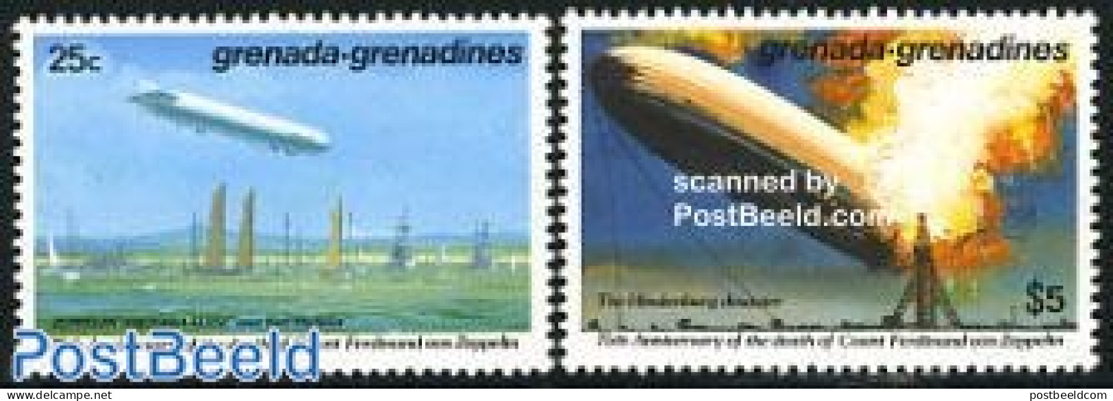 Grenada Grenadines 1992 Zeppelin 2v, Mint NH, History - Transport - Fire Fighters & Prevention - Ships And Boats - Zep.. - Firemen