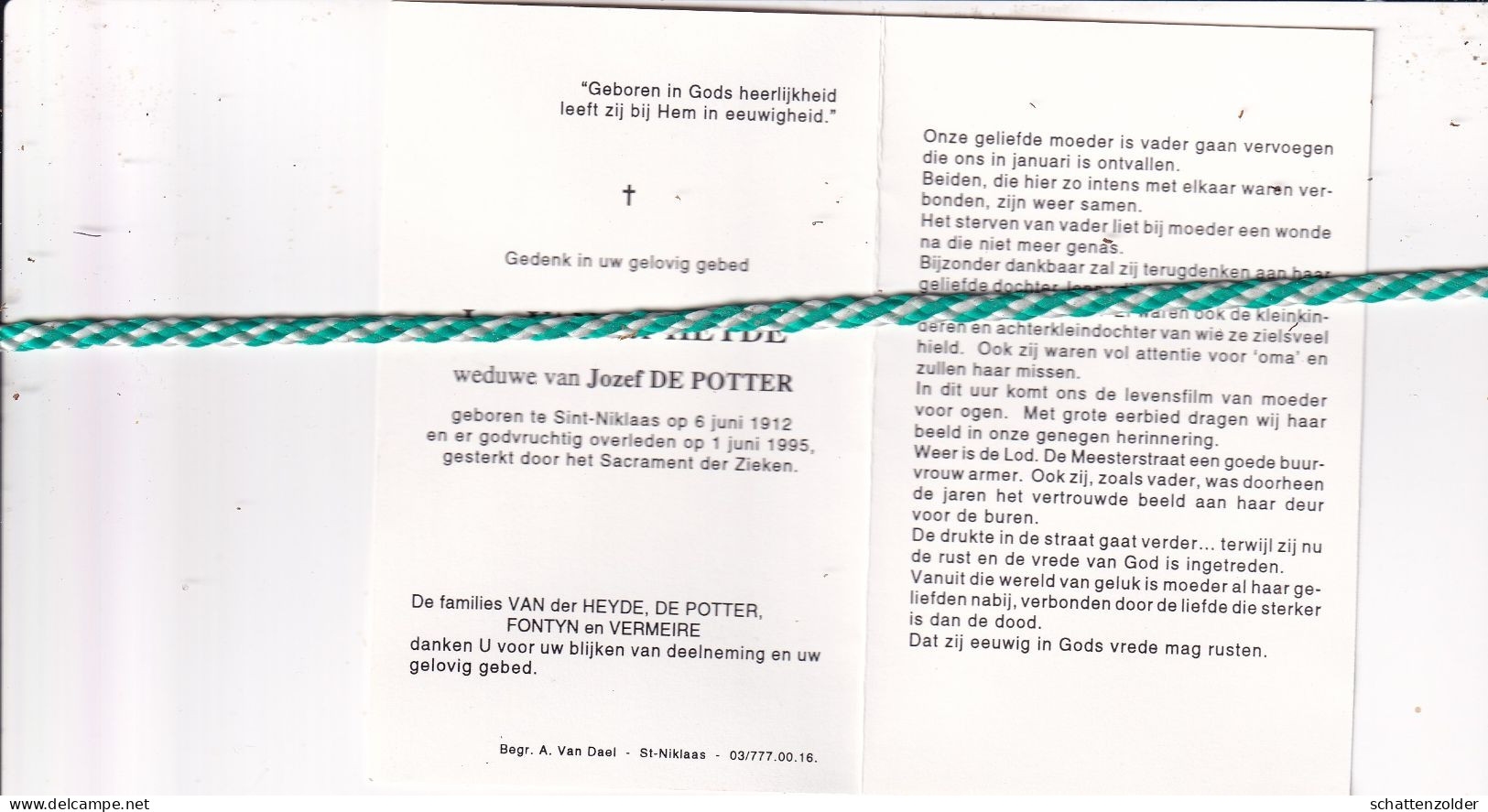 Lea Van Der Heyde-De Potter, Sint-Niklaas 1912, 1995 - Obituary Notices