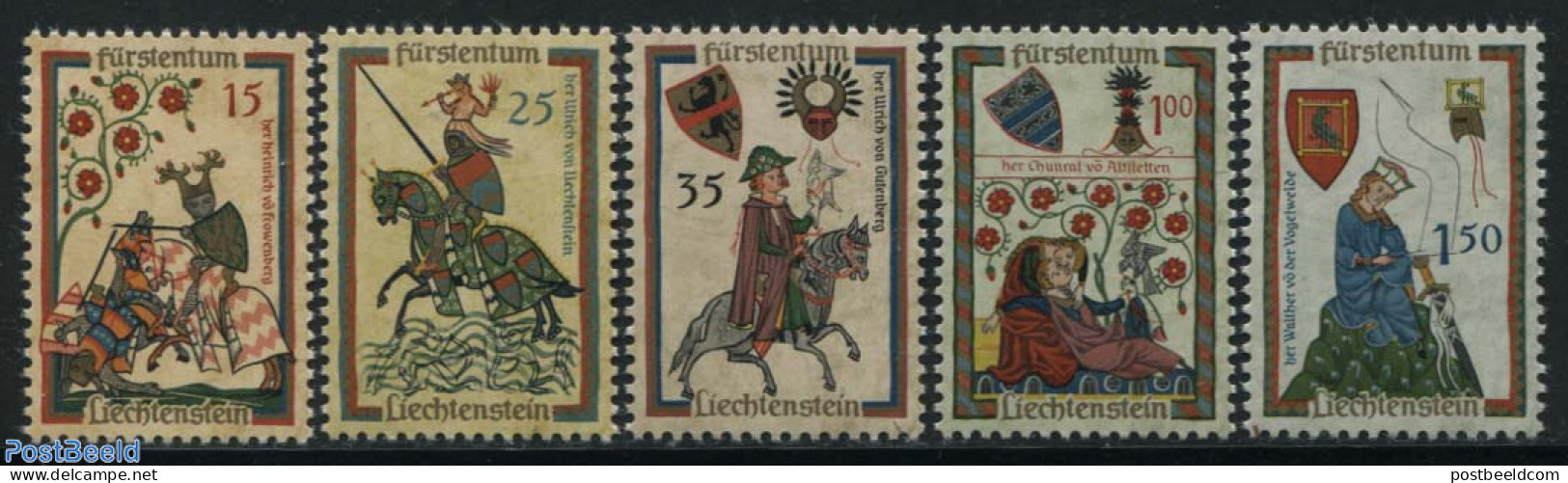 Liechtenstein 1961 Minstrals 5v, Mint NH, History - Nature - Performance Art - Coat Of Arms - Horses - Music - Art - B.. - Neufs