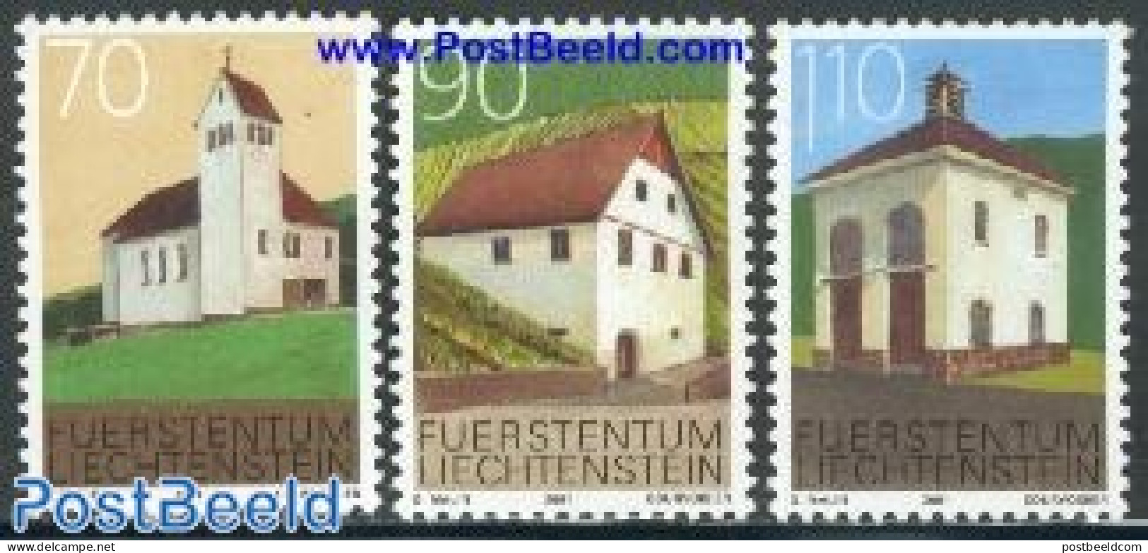 Liechtenstein 2001 Architecture 3v, Mint NH, Religion - Churches, Temples, Mosques, Synagogues - Art - Architecture - Neufs