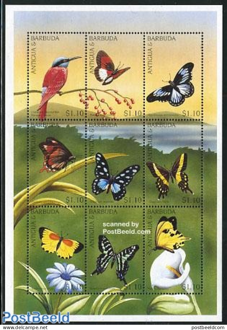 Antigua & Barbuda 1997 Birds & Butterflies 9v M/s, Merops Nubicus, Mint NH, Nature - Birds - Butterflies - Antigua And Barbuda (1981-...)
