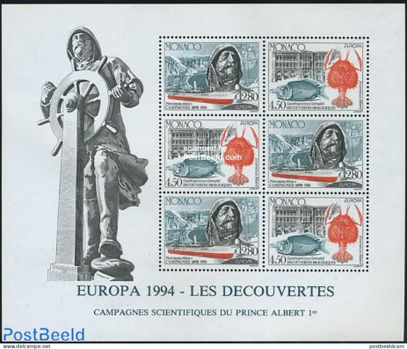 Monaco 1994 Europa, Discoveries S/s, Mint NH, History - Nature - Transport - Various - Europa (cept) - Fish - Ships An.. - Unused Stamps