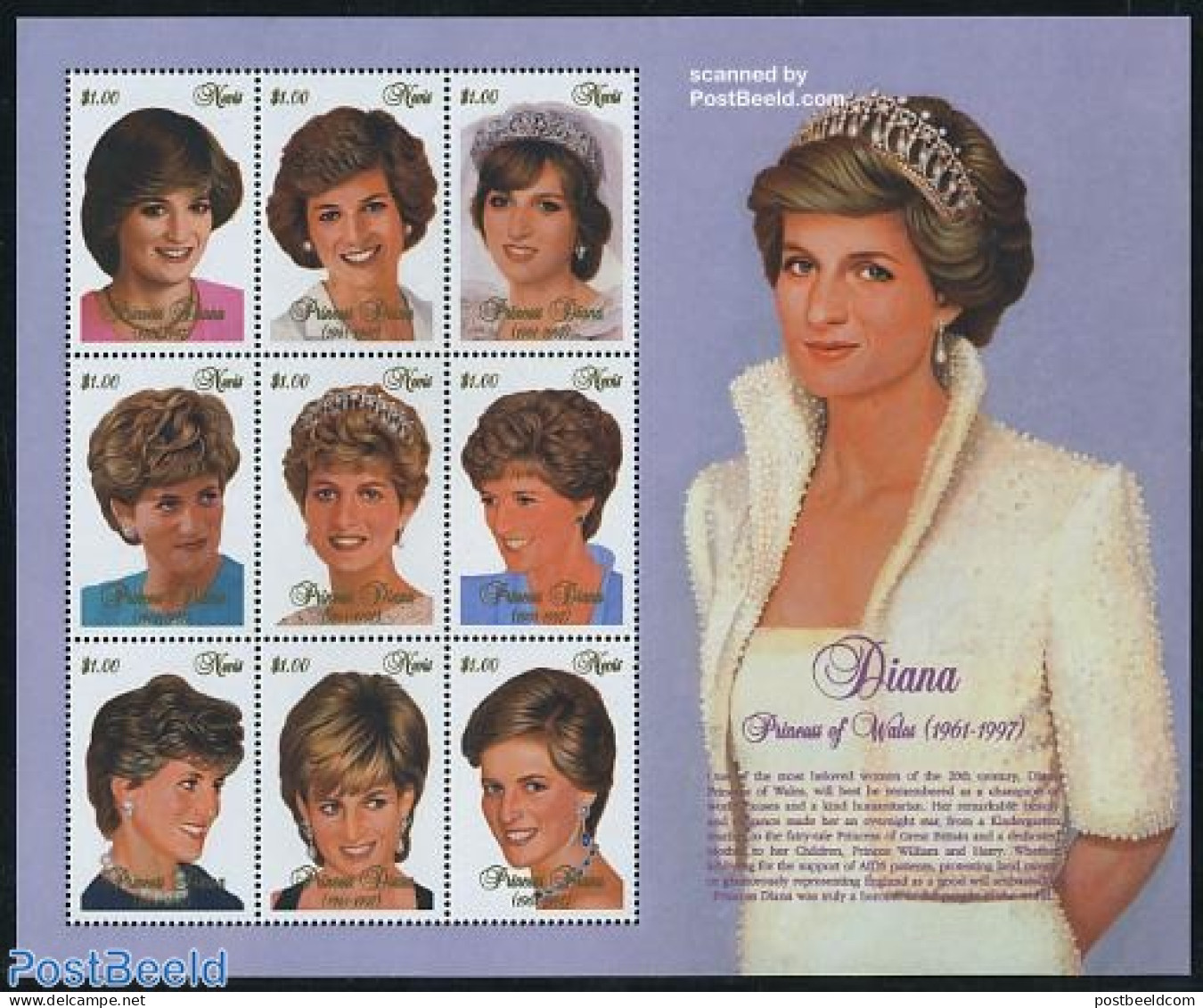 Nevis 1997 Death Of Diana 9v M/s, Mint NH, History - Charles & Diana - Kings & Queens (Royalty) - Royalties, Royals