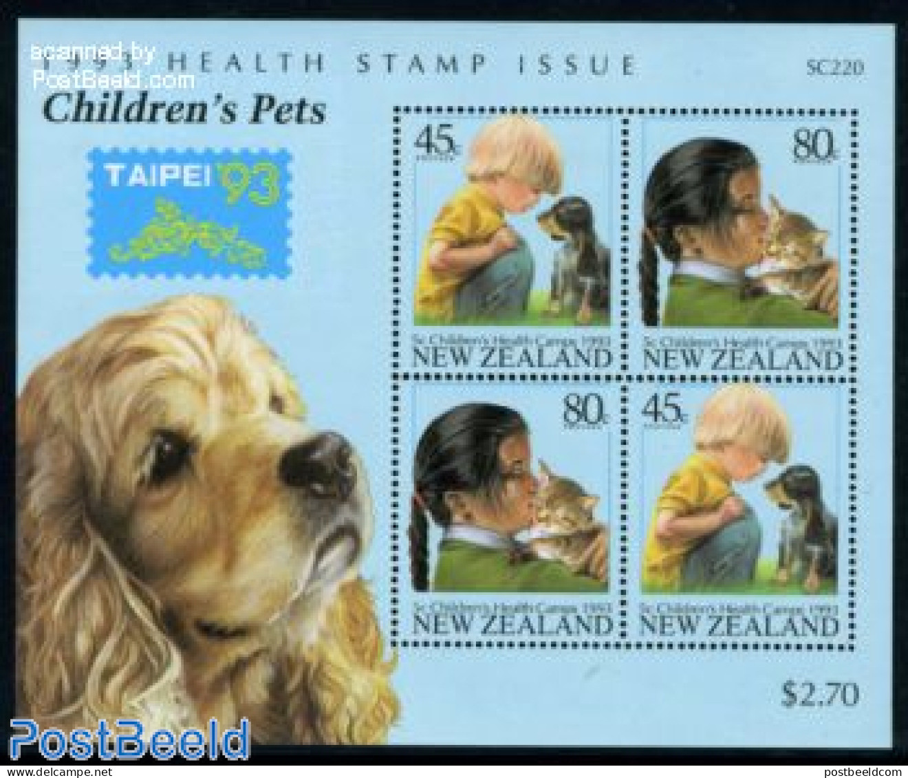 New Zealand 1993 Taipeh S/s, Dog And Cat, Mint NH, Nature - Cats - Dogs - Philately - Neufs