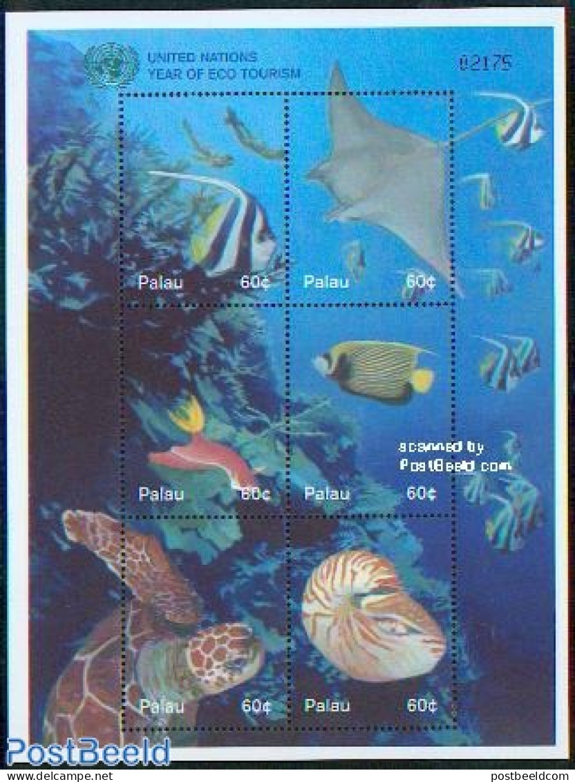 Palau 2002 Eco Tourism 6v M/s, Mint NH, Nature - Fish - Reptiles - Shells & Crustaceans - Turtles - Fische