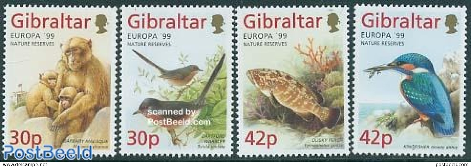 Gibraltar 1999 Europa, National Park 4v, Mint NH, History - Nature - Europa (cept) - Birds - Fish - Monkeys - National.. - Poissons