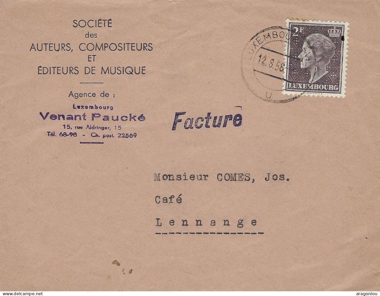 Luxembourg - Luxemburg - Lettre  1958  Adressé Au Monsieur Comes Jos , Café , Lennange - Ongebruikt