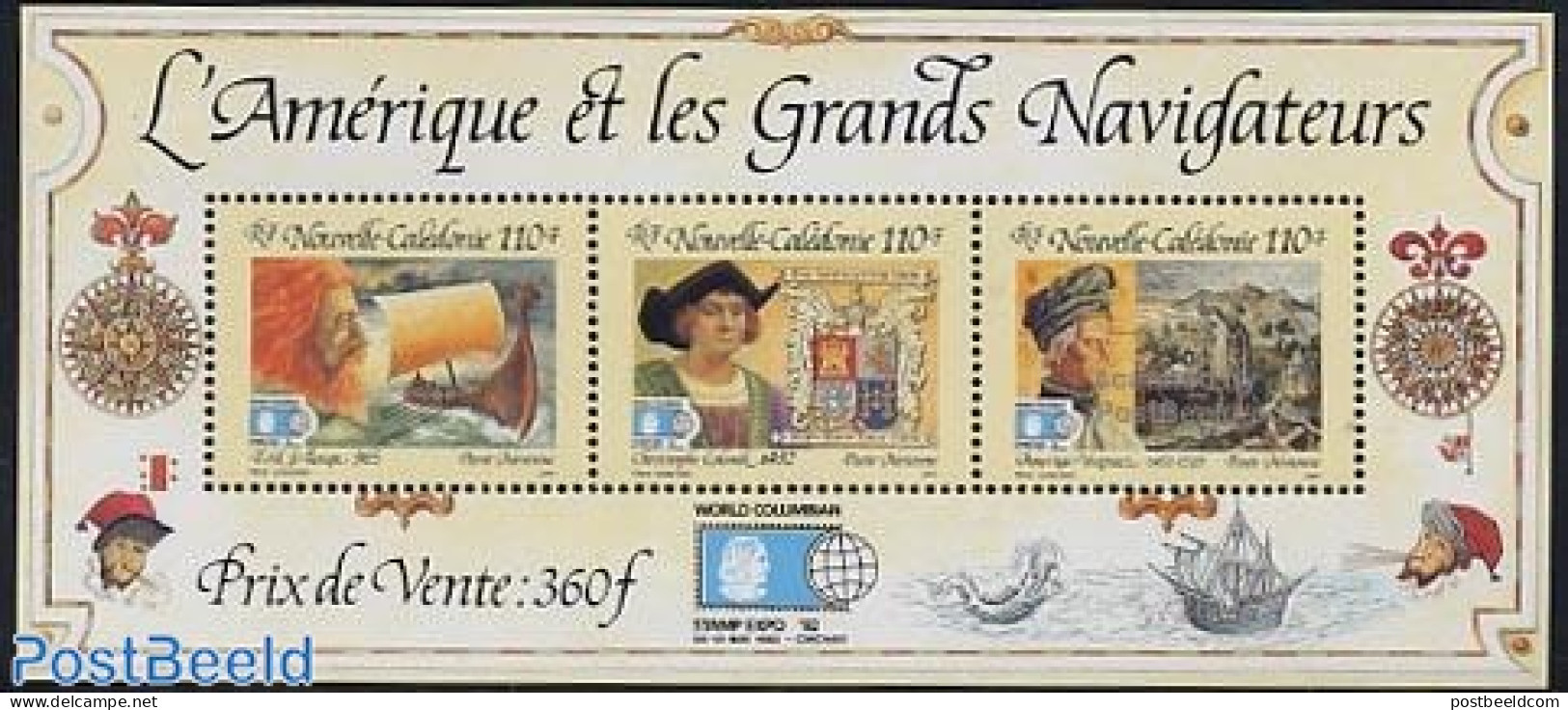 New Caledonia 1992 Columbian Stamp Expo S/s, Mint NH, History - Transport - Explorers - Philately - Ships And Boats - Neufs