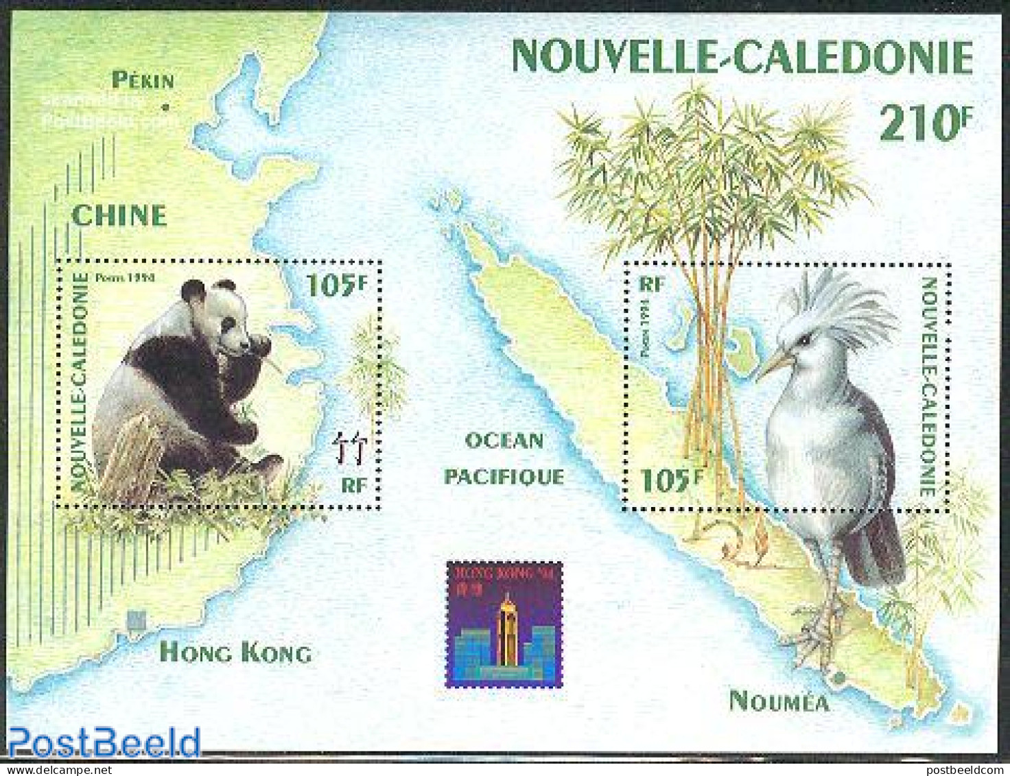 New Caledonia 1994 Hong Kong 94 S/s, Mint NH, Nature - Various - Bears - Birds - Philately - Maps - Pandas - Ongebruikt