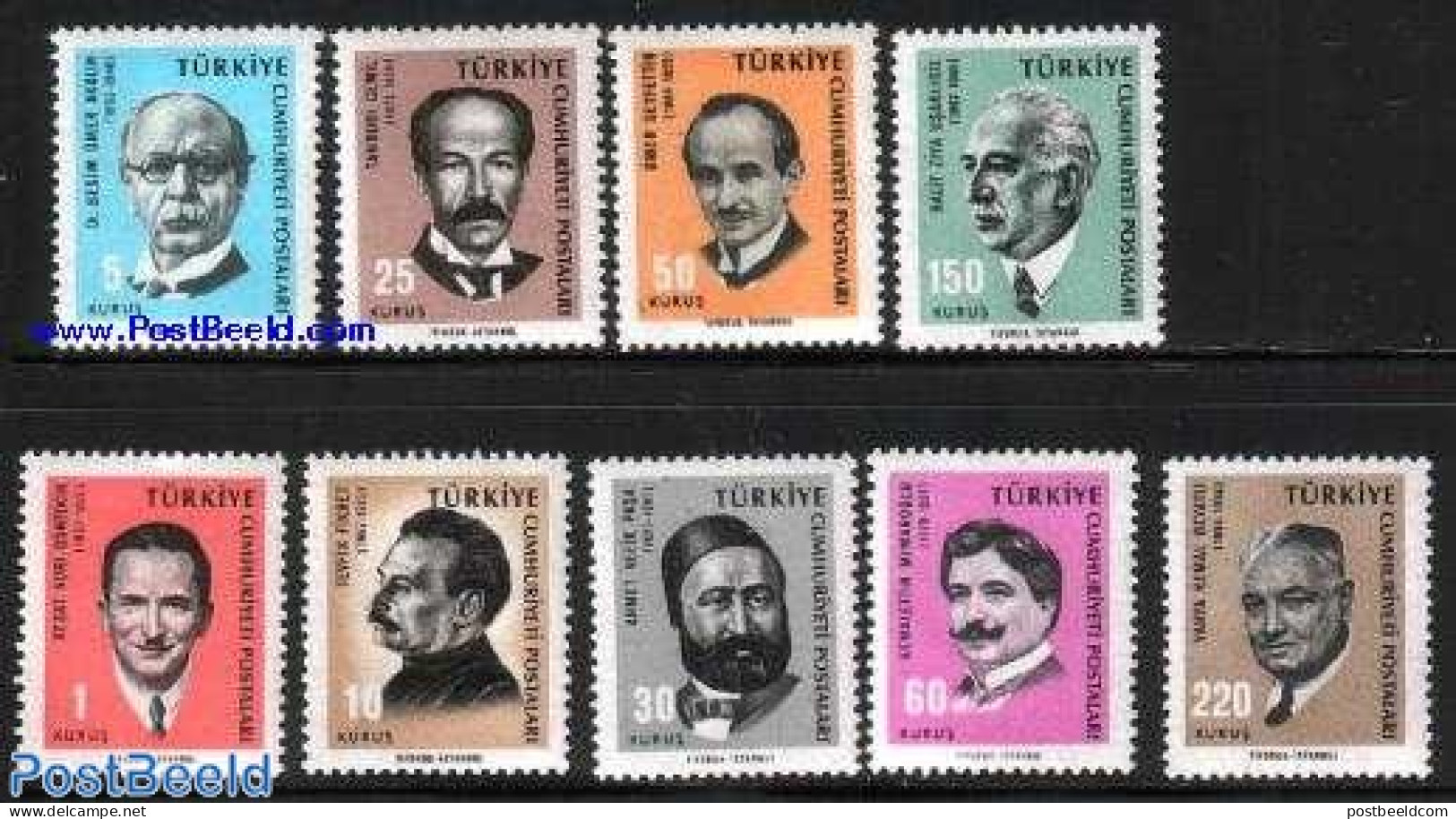Türkiye 1965 Famous Persons 9v, Mint NH, Performance Art - Music - Art - Architects - Authors - Other & Unclassified