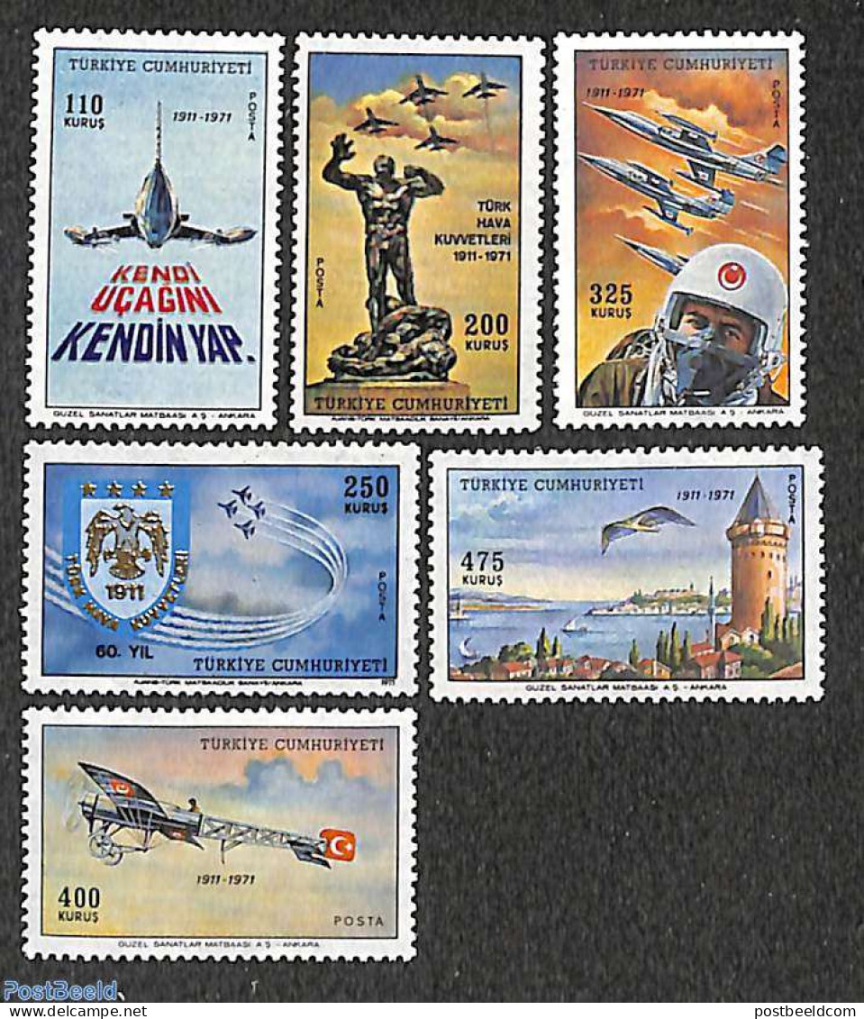 Türkiye 1971 Air Force 60th Anniversary 6v, Mint NH, History - Transport - Militarism - Aircraft & Aviation - Sonstige & Ohne Zuordnung