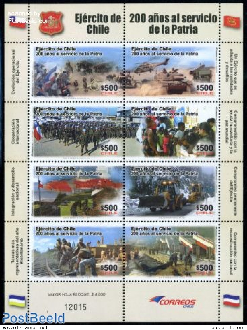 Chile 2010 200 Years Army 8v M/s, Mint NH, History - Transport - Militarism - Helicopters - Militaria