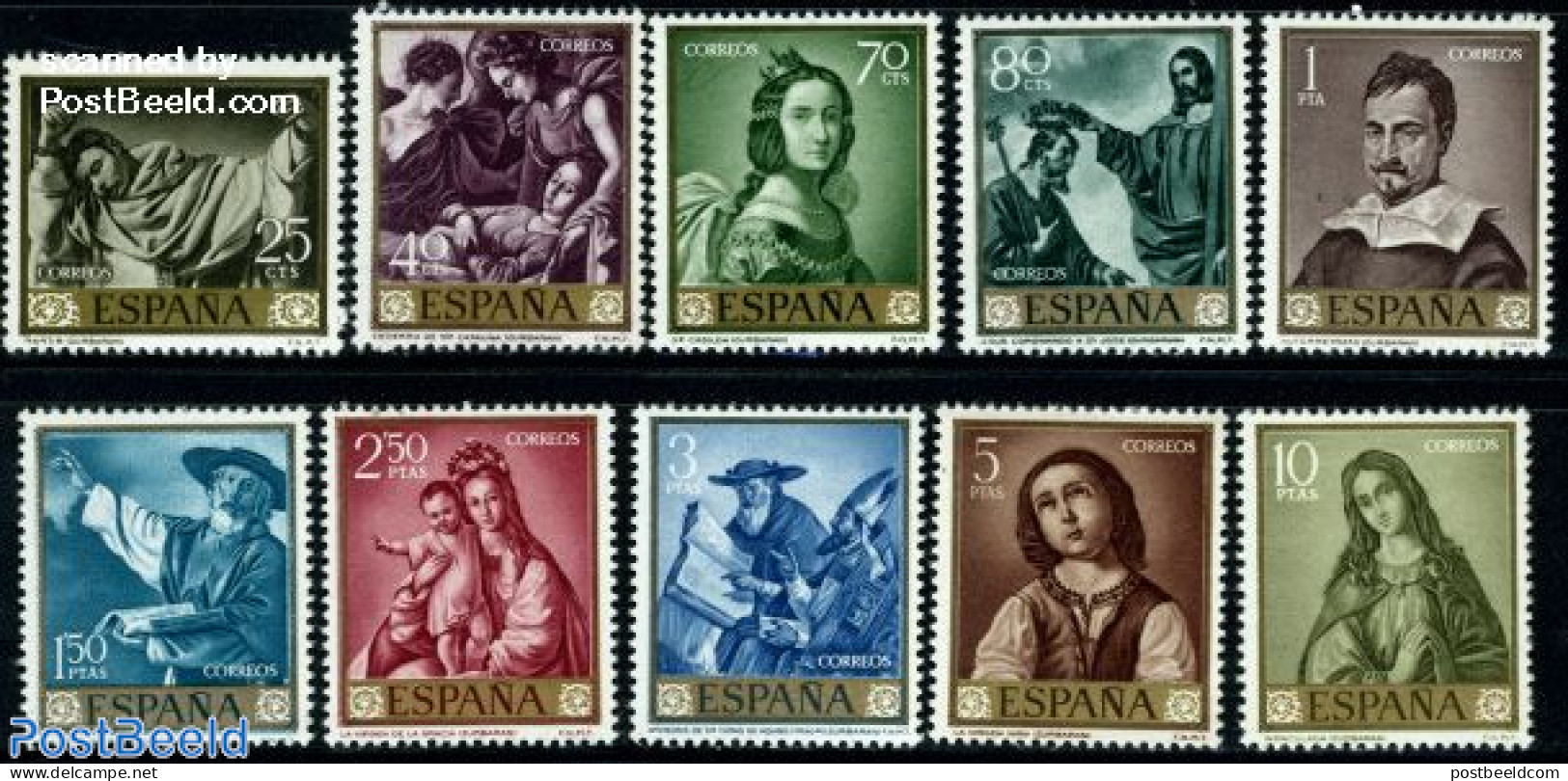 Spain 1962 De Zurbaran Paintings 10v, Unused (hinged), Stamp Day - Art - Paintings - Neufs