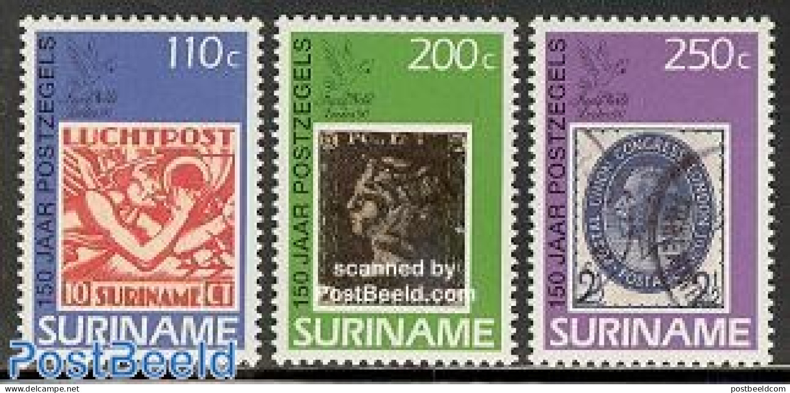 Suriname, Republic 1990 Penny Black 150th Anniversary 3v, Mint NH, Stamps On Stamps - Stamps On Stamps