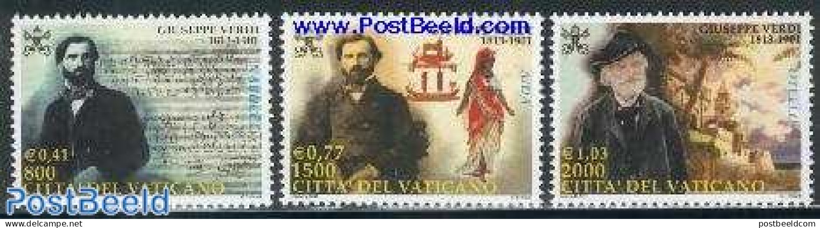 Vatican 2001 G. Verdi 3v, Mint NH, Performance Art - Music - Musical Instruments - Theatre - Unused Stamps