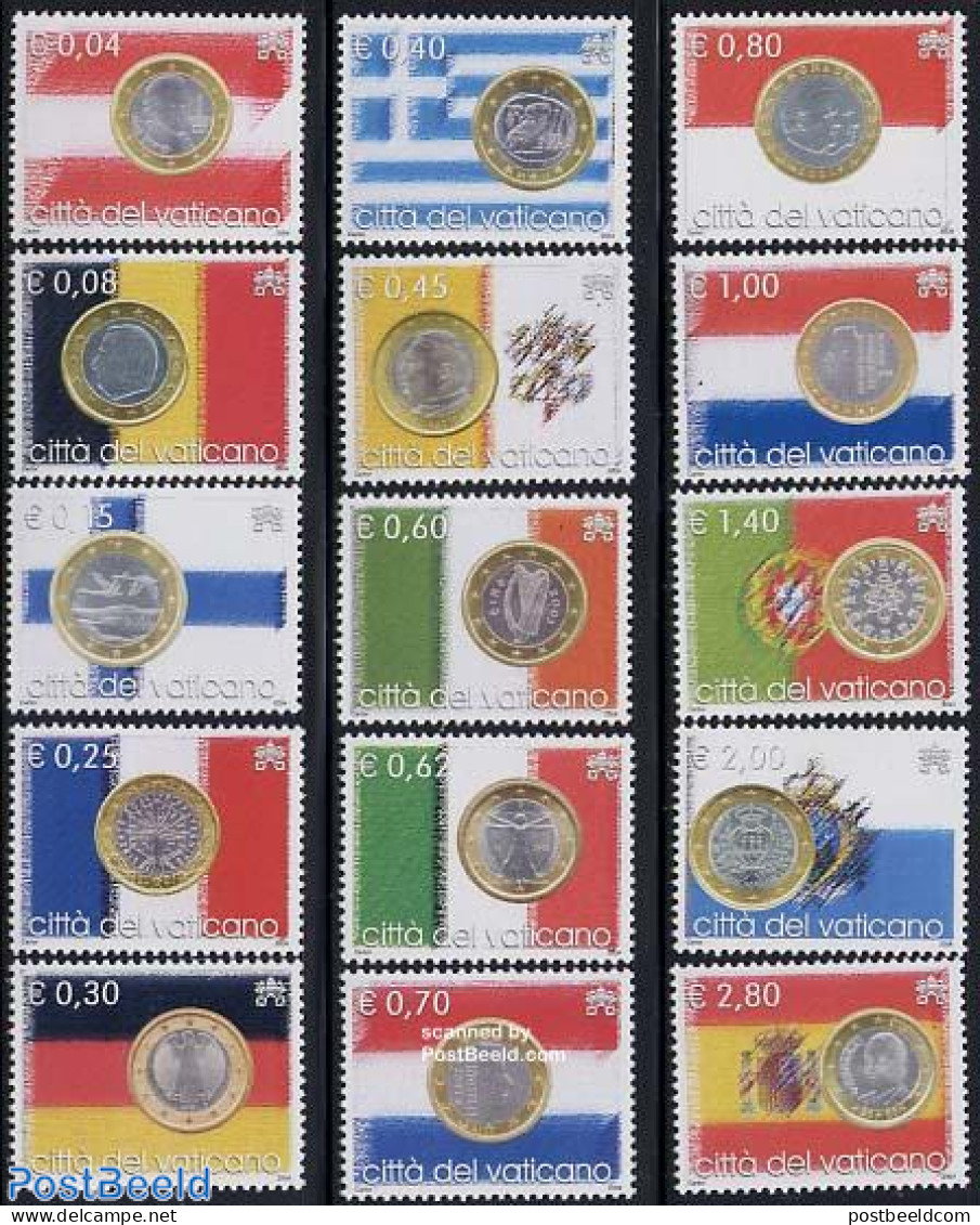 Vatican 2004 Euro Coins/countries 15v, Mint NH, History - Various - Europa Hang-on Issues - Flags - Money On Stamps - Neufs