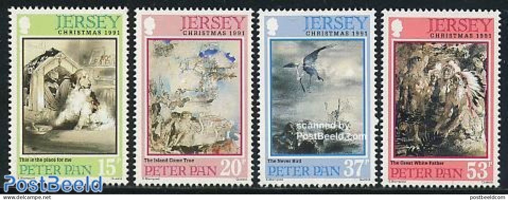 Jersey 1991 Christmas, Peter Pan 4v, Mint NH, History - Nature - Religion - Dogs - Christmas - Art - Children's Books .. - Christmas