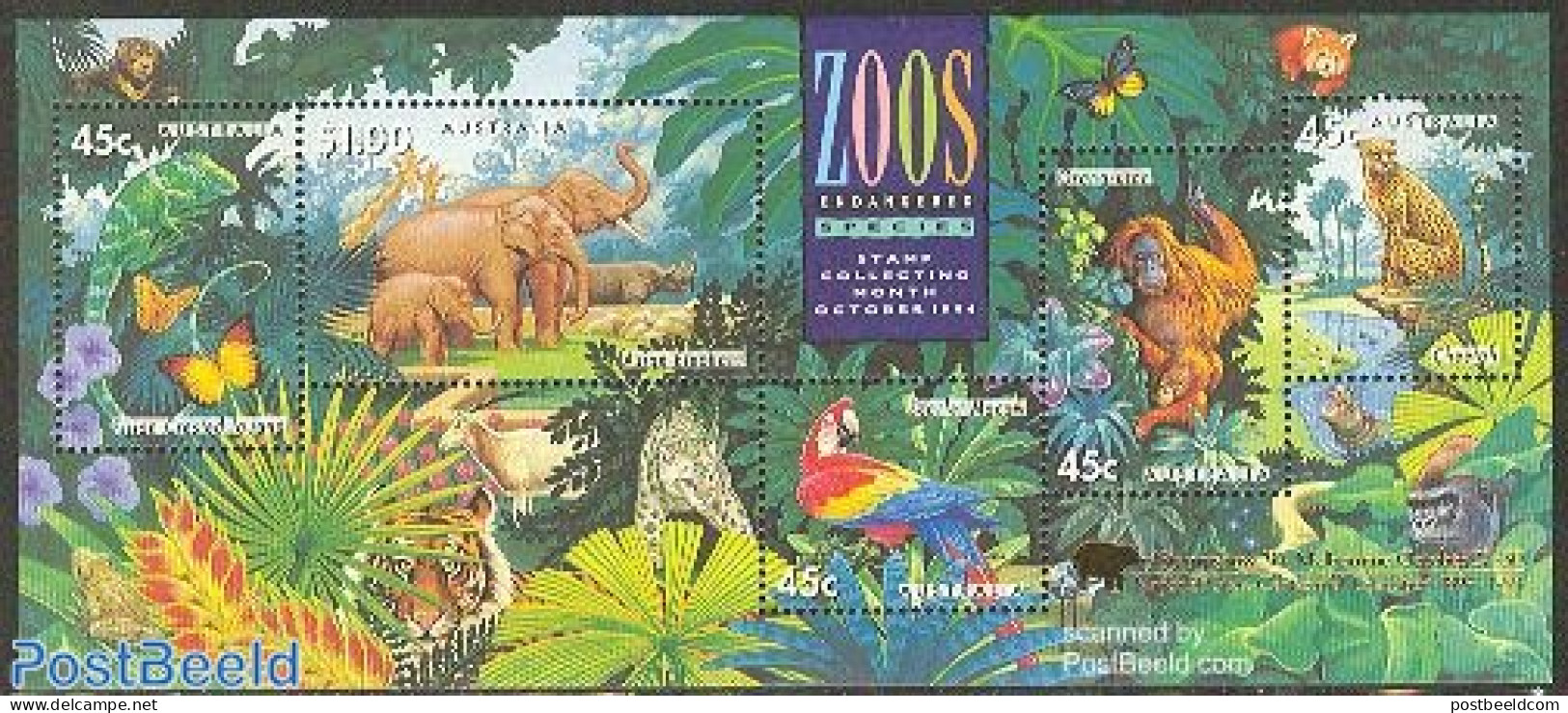 Australia 1994 Melbourne Stamp Show S/s, Mint NH, Nature - Animals (others & Mixed) - Elephants - Monkeys - Parrots - .. - Unused Stamps