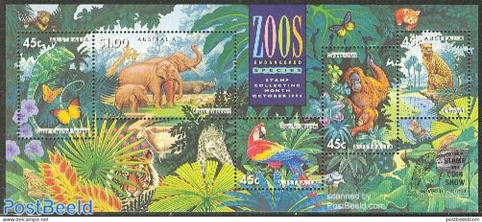 Australia 1994 Sydney Stamp And Coin Show S/s, Mint NH, Nature - Animals (others & Mixed) - Elephants - Monkeys - Parr.. - Unused Stamps