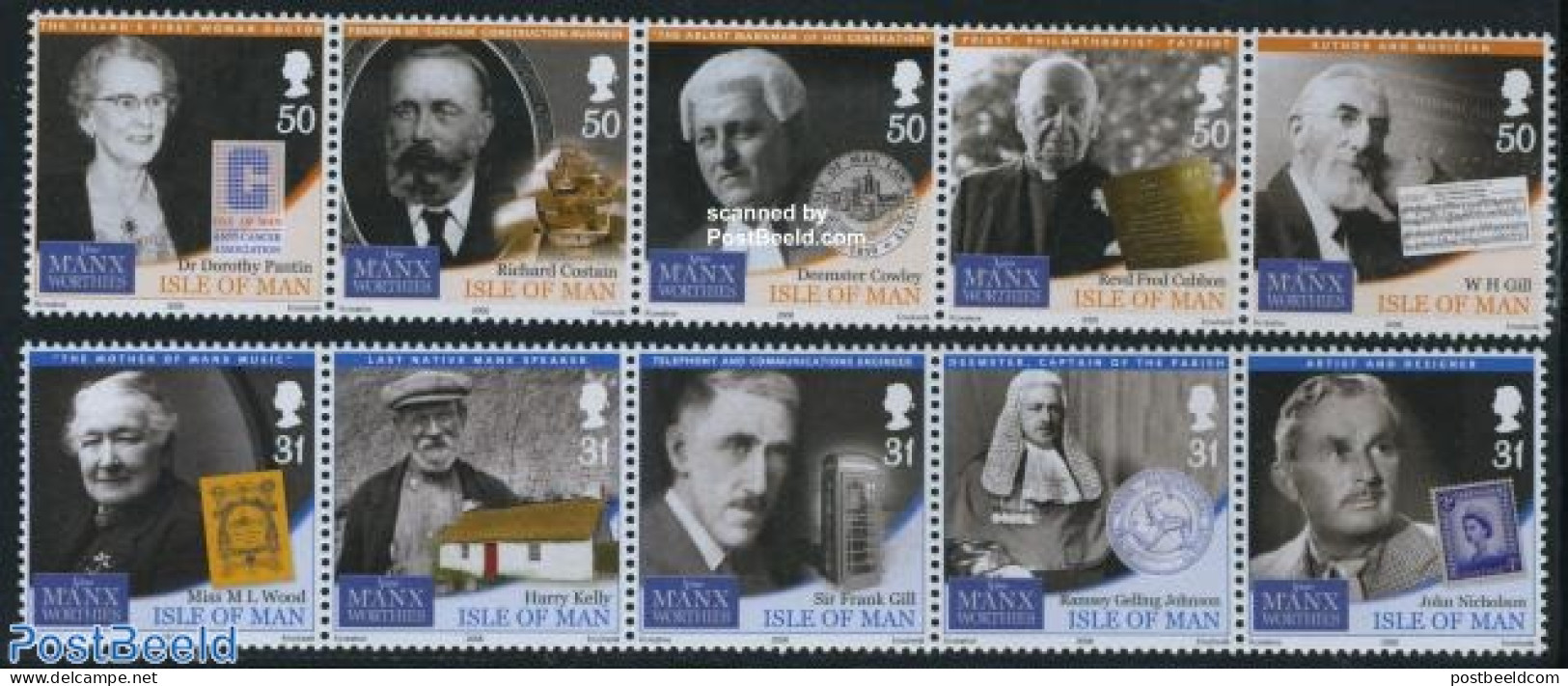 Isle Of Man 2008 Famous People 10v (2x[::::]), Mint NH, Performance Art - Various - Music - Stamps On Stamps - Money O.. - Music