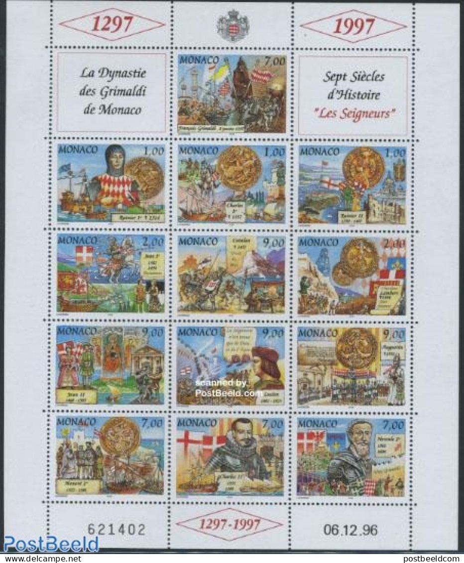Monaco 1997 Grimaldi Dynasty 13v M/s, Mint NH, History - Nature - Transport - Coat Of Arms - History - Kings & Queens .. - Ungebraucht