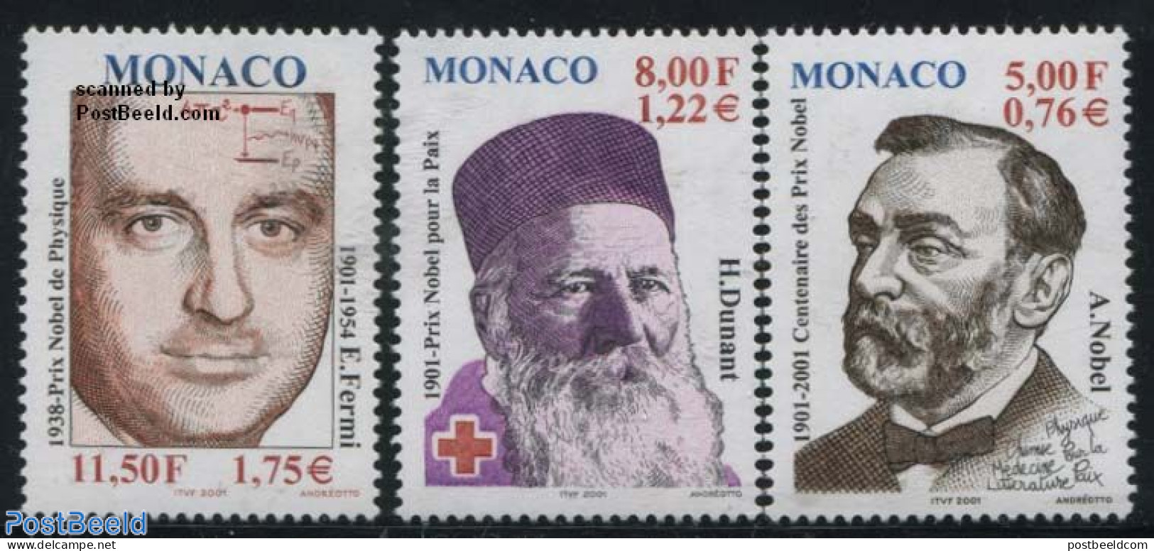 Monaco 2001 Nobel Prize 3v, Mint NH, Health - History - Science - Red Cross - Nobel Prize Winners - Physicians - Neufs