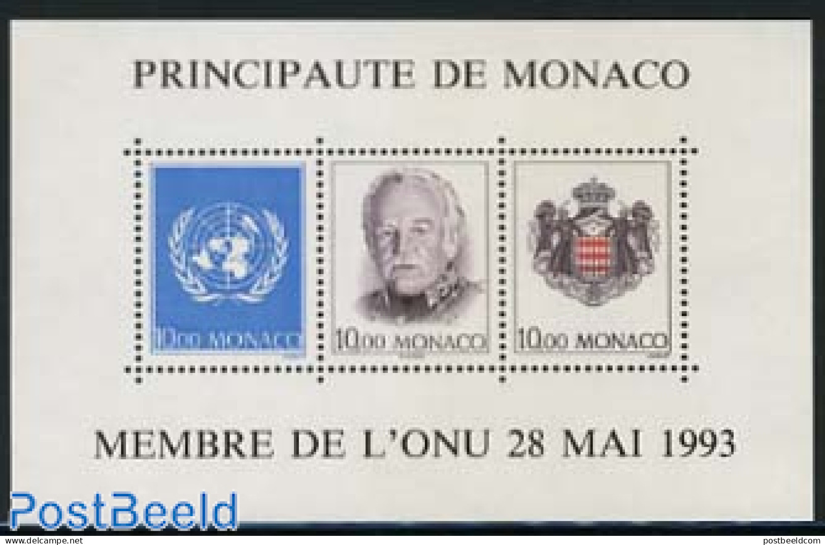 Monaco 1993 UNO Membership S/s, Mint NH, History - Coat Of Arms - United Nations - Ungebraucht
