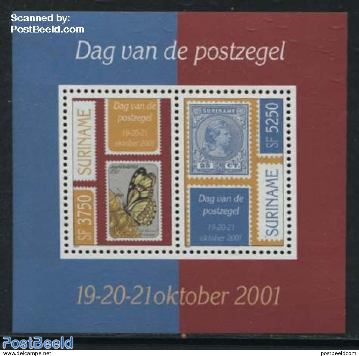 Suriname, Republic 2001 Stamp Day S/s, Mint NH, Nature - Butterflies - Stamps On Stamps - Stamps On Stamps