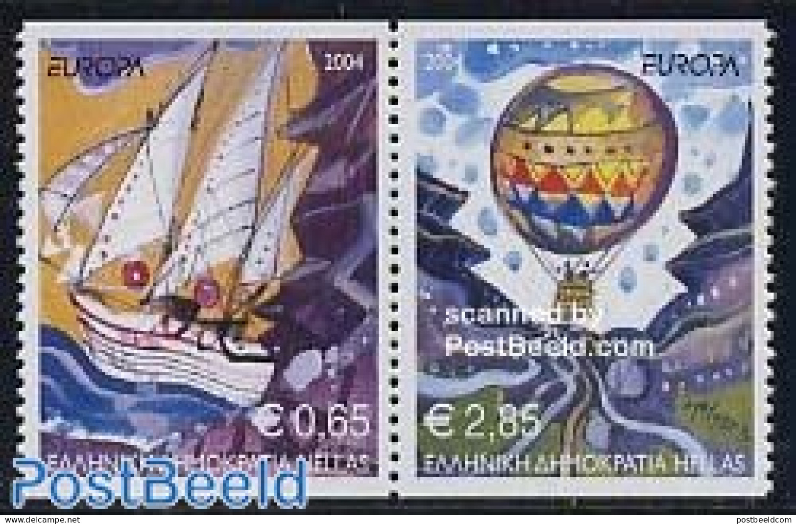 Greece 2004 Europa 2v [:] From Booklet, Mint NH, History - Transport - Various - Europa (cept) - Balloons - Ships And .. - Unused Stamps