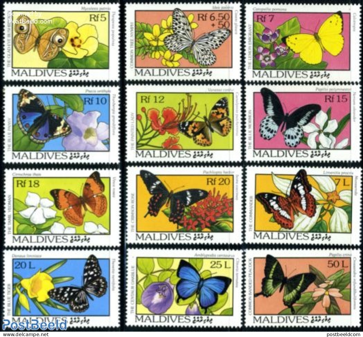 Maldives 1993 Butterflies & Flowers 12v, Mint NH, Nature - Butterflies - Flowers & Plants - Maldives (1965-...)