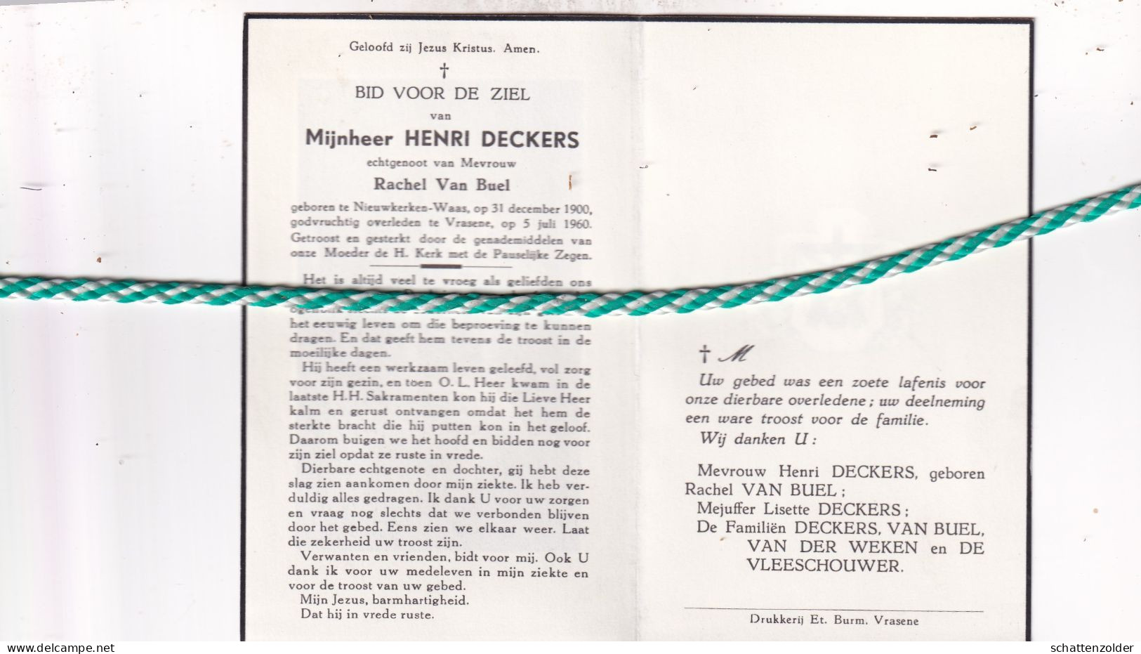 Henri Deckers-Van Buel, Nieuwkerken-Waas 1900, Vrasene 1960 - Décès