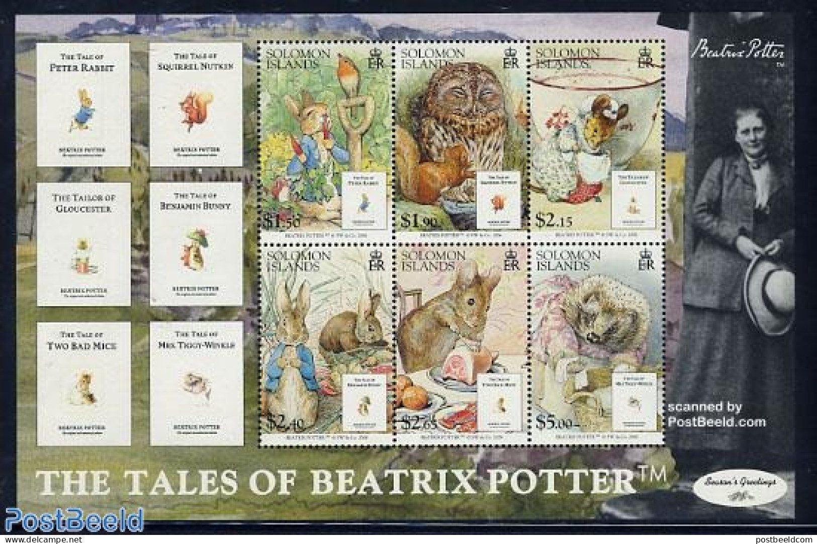 Solomon Islands 2006 Beatrix Potter 6v M/s, Mint NH, Nature - Hedgehog - Owls - Rabbits / Hares - Art - Children's Boo.. - Isole Salomone (1978-...)