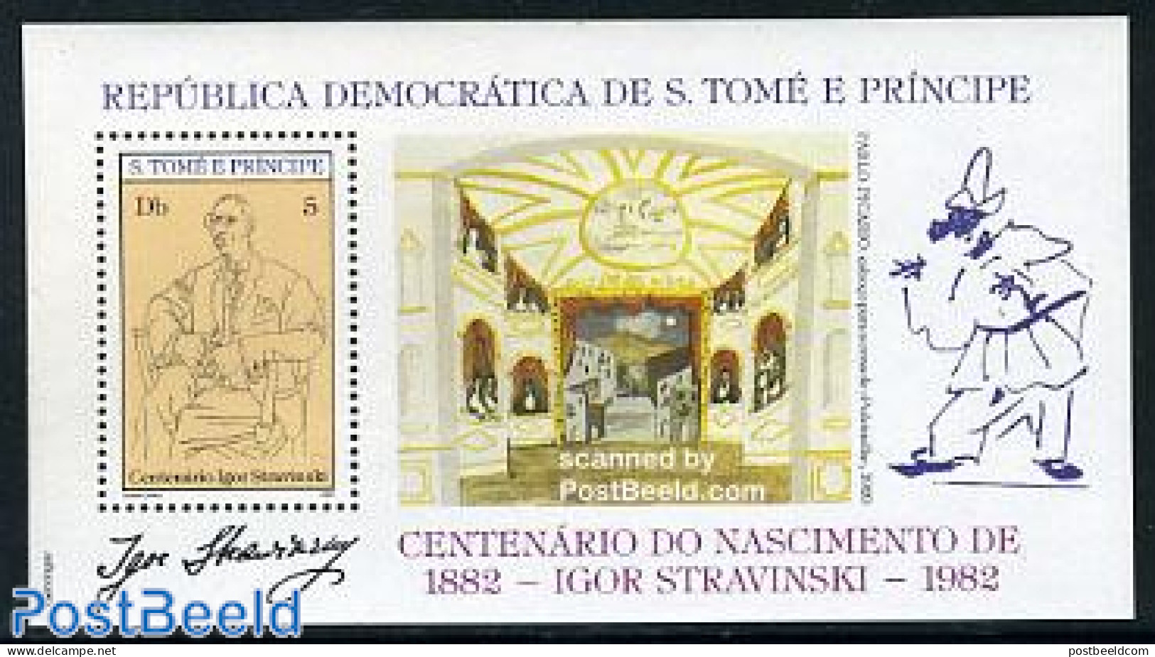 Sao Tome/Principe 1982 Strawinsky S/s, Mint NH, Performance Art - Music - Art - Pablo Picasso - Musique