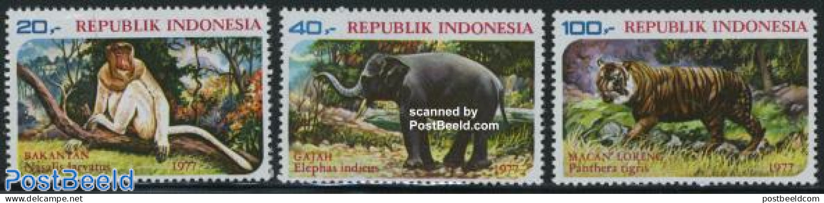 Indonesia 1977 Animals 3v, Mint NH, Nature - Animals (others & Mixed) - Cat Family - Elephants - Monkeys - Indonésie