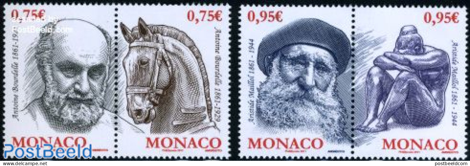 Monaco 2011 Sculptures 4v (2x[:]) (Bourdelle, Maillol), Mint NH, Nature - Horses - Art - Sculpture - Unused Stamps
