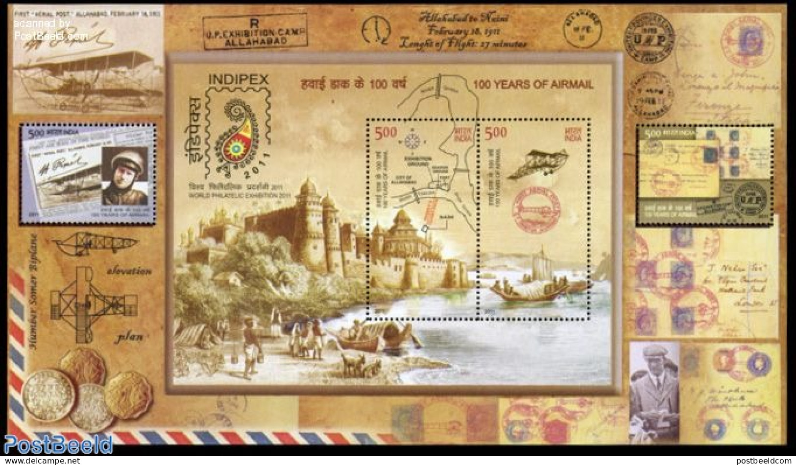 India 2011 Indipex 2011 S/s, Mint NH, Transport - Various - Philately - Stamps On Stamps - Aircraft & Aviation - Ships.. - Ungebraucht