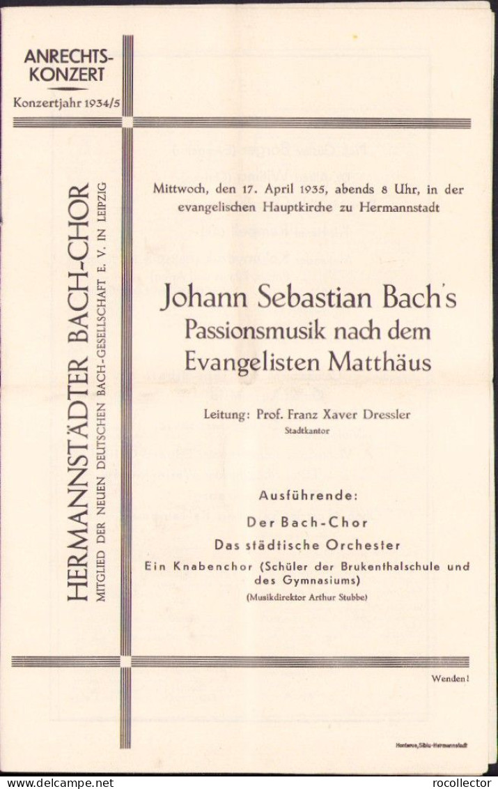 Hermanstädter Bach-Chor, Anrechts-Konzert, Program, 1935, Sibiu A2477N - Programs