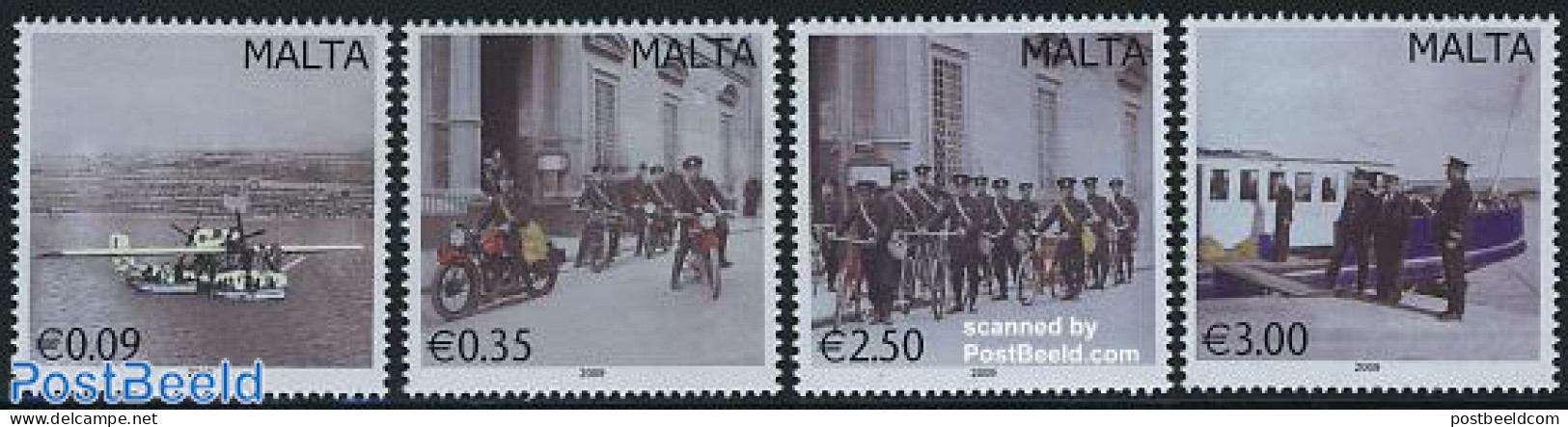 Malta 2009 Old Postal Transportation 4v, Mint NH, Sport - Transport - Cycling - Post - Motorcycles - Aircraft & Aviati.. - Cycling