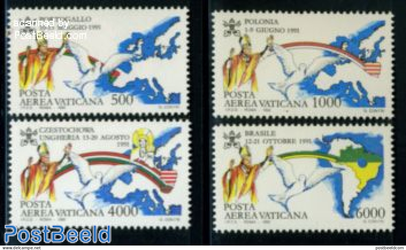 Vatican 1992 Pope World Travels 4v, Mint NH, Nature - Religion - Various - Birds - Religion - Maps - Pigeons - Nuevos