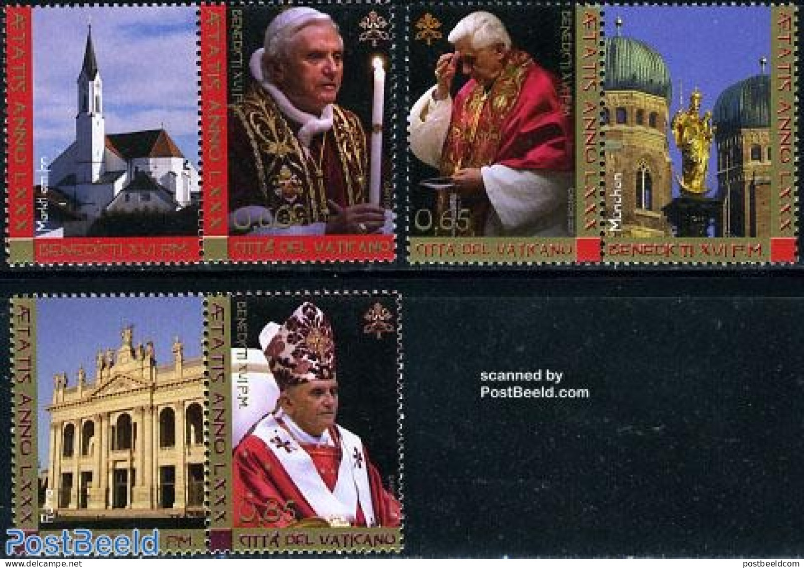 Vatican 2007 Pope 80th Birthday 3v+tabs, Mint NH, Religion - Churches, Temples, Mosques, Synagogues - Pope - Neufs