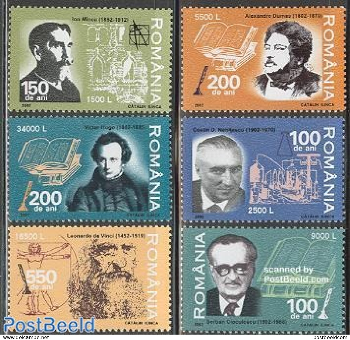 Romania 2002 Famous Persons 6v, Mint NH, Science - Chemistry & Chemists - Art - Authors - Books - Leonardo Da Vinci - Unused Stamps