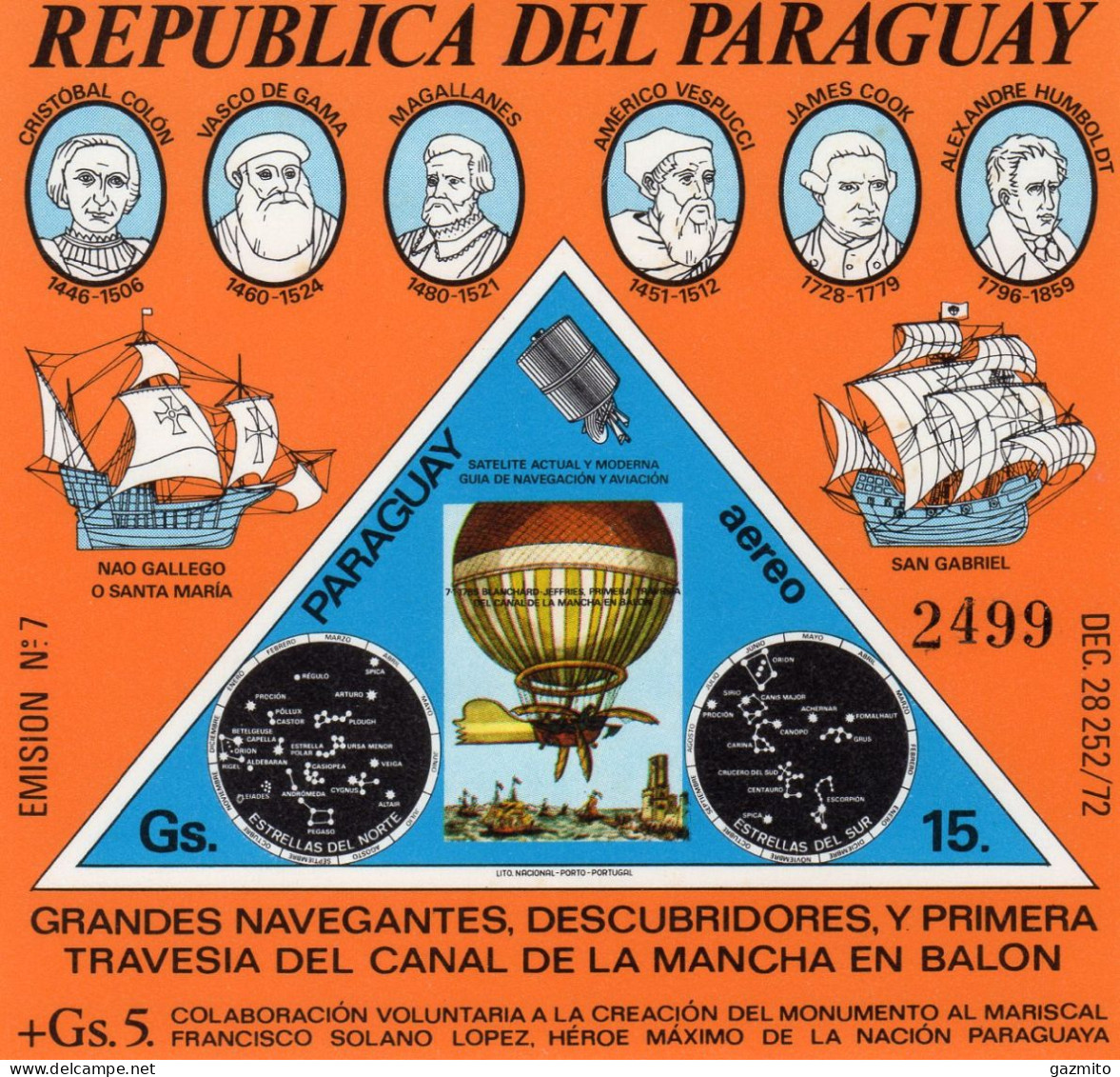 Paraguay 1974, Explorers, Columbus, Cook, Vespucci, Ships, Ballon, Star Maps, BF - Paraguay