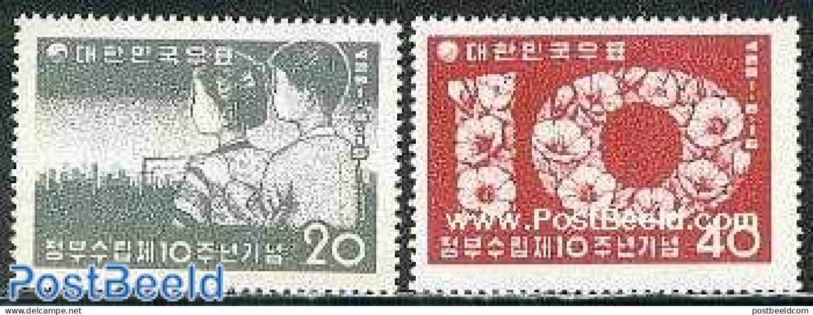 Korea, South 1958 10 Years Republic 2v, Mint NH, Nature - Flowers & Plants - Korea (Süd-)