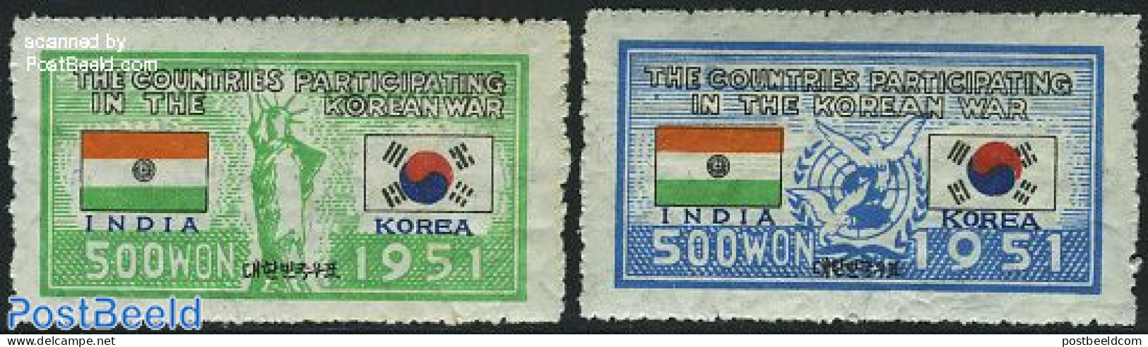 Korea, South 1951 UNO War Support, India 2v, Unused (hinged), History - Nature - Birds - Korea (Süd-)