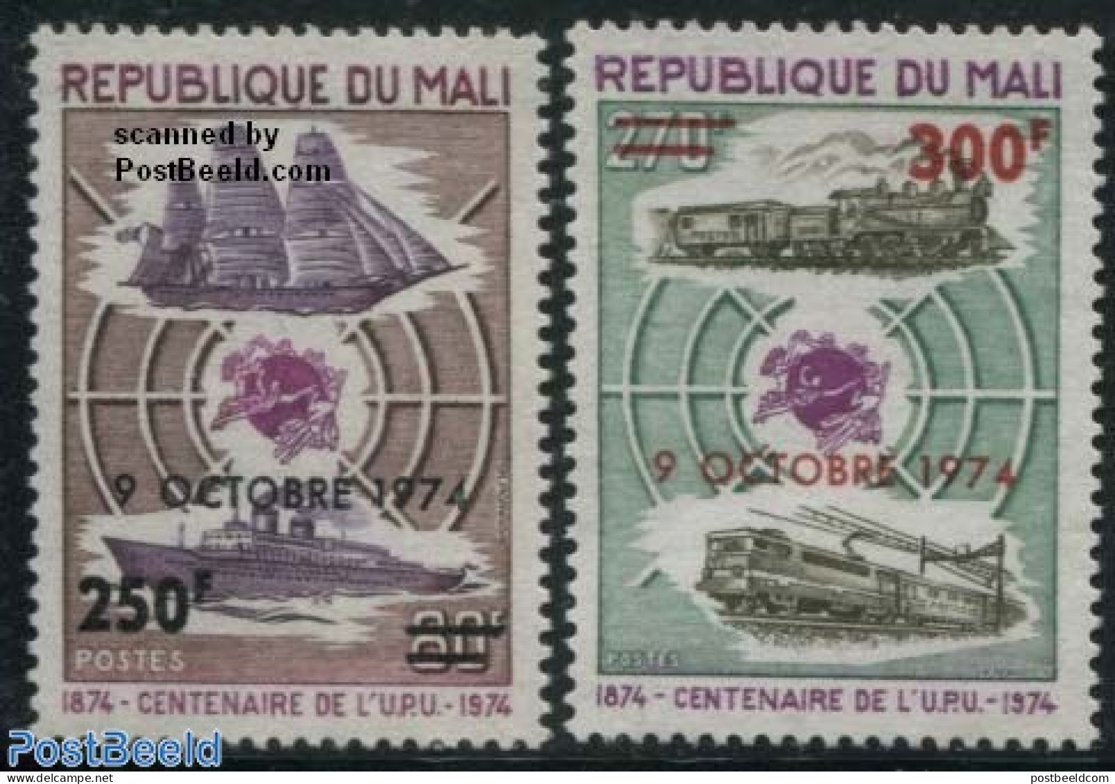 Mali 1974 U.P.U. Centenary Overprints 2v, Mint NH, Transport - U.P.U. - Railways - Ships And Boats - U.P.U.