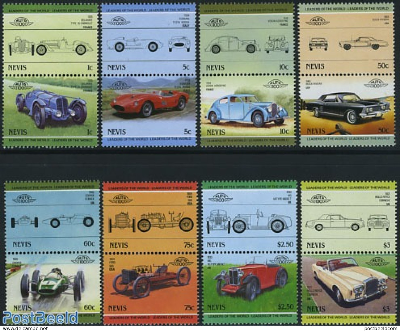 Nevis 1985 Automobiles 8x2v [:] (Ferrari,MG,Rolls Royce,Ford,, Mint NH, Transport - Automobiles - Ferrari - Autos