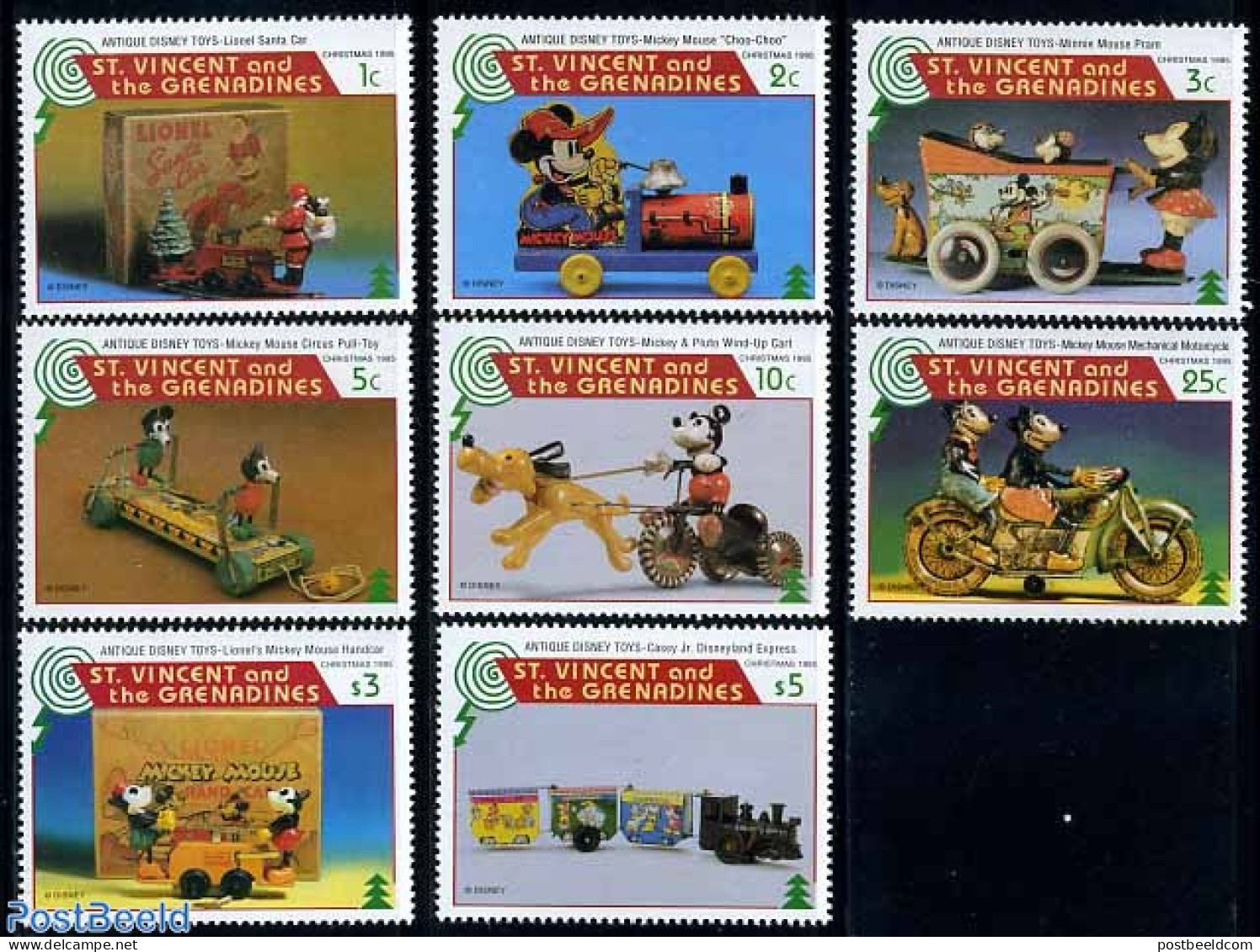 Saint Vincent 1995 Disney, Christmas, Toys 8v, Mint NH, Religion - Transport - Various - Christmas - Motorcycles - Rai.. - Christmas