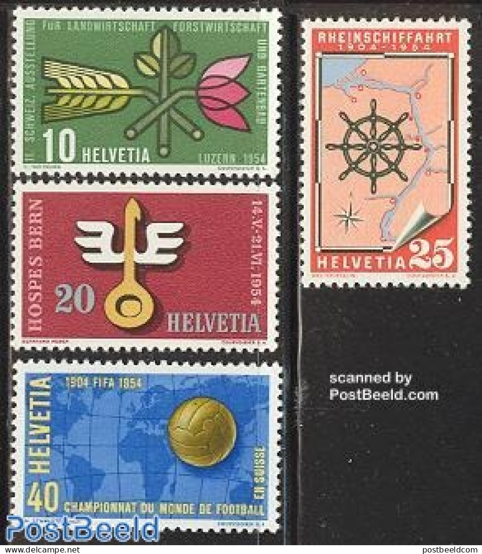 Switzerland 1954 Mixed Issue 4v, Mint NH, Nature - Sport - Transport - Various - Gardens - Football - Ships And Boats .. - Unused Stamps